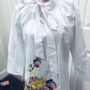 Cotton Bow Tie Neck A-Line Dress With Floral Embroidered Features From Japan